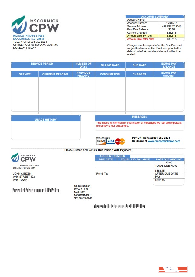 USA CPW utility bill template in Word and PDF format